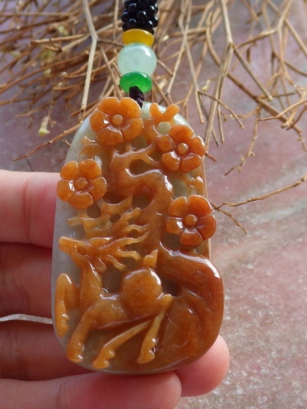 Certified Hand Carved Natural Burma A Jade jadeite Deer Flower Pendant Necklace